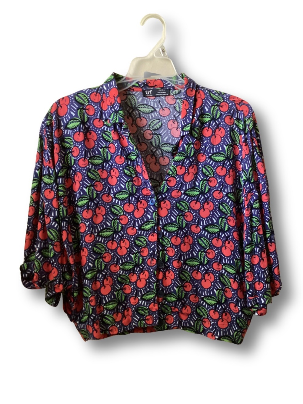 ZARA Cherry 🍒 Print Button-Front Blouse - Purple / Red